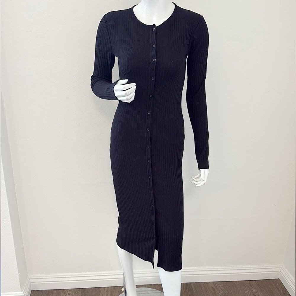 Zara Black Long Sleeve Ribbed Knit Button Down Midi Dress